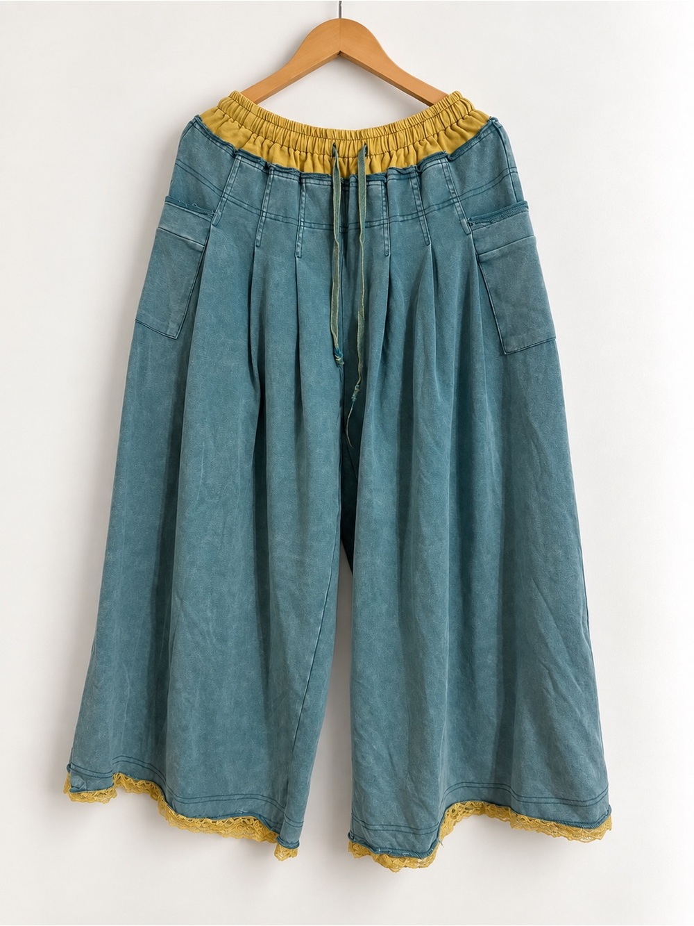 Blue Wide-Leg Skirt-Pants with Yellow Elastic Waistband